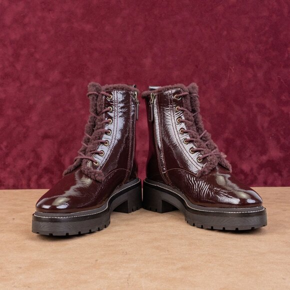 Tory Burch Wmn Miller Shearling Lined Burgundy Leather Zip Combat Boots sz 7 - Picture 2 of 9